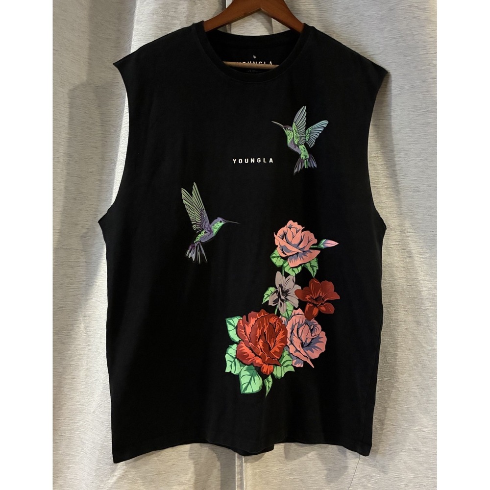 YOUNGLA 432 Hummingbird Rose Floral T-Shirt Mens L Black Athletic Gym Cutoff